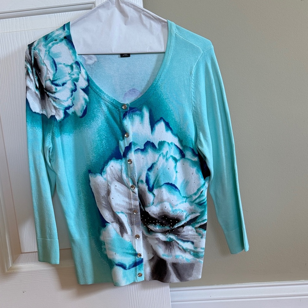 White House Black Market Turquoise Floral Cardigan with Rhinestone buttons